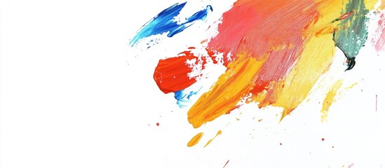 Poster - Colorful abstract paint strokes created by a child using fingers on a clean white background with ample empty space for text or design elements
