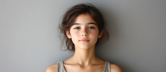 Poster - Peaceful adolescent girl meditating in zen mode with natural expression against soft grey background promoting mindfulness and serenity