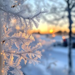 Fototapete - A close-up of frost crystals on a car window during a cold winter morning. 
