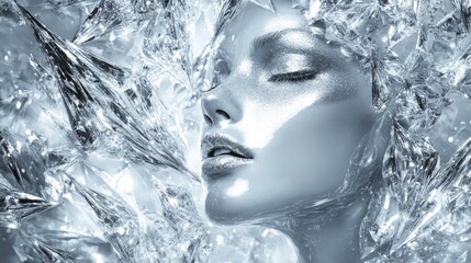 Poster - Elegant Glamour Woman Surrounded by Shimmering Silver Crystals in Bright Light with Ample Copy Space for Text in a Party Atmosphere