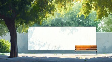 Poster - Joyful scene of an empty park with vibrant green trees and sunlight casting shadows on a wooden bench, featuring ample white space for text.