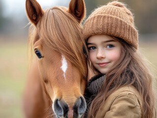 Little girl with long brown hair gently interacting with a chestnut pony in a serene outdoor setting, promoting trust and equestrian therapy concepts.