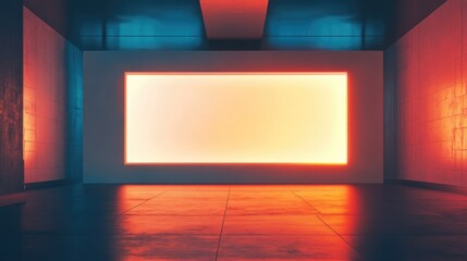 Poster - Futuristic Modern Exhibit Space with Vibrant Gradient Lighting in Blue and Orange Shades Featuring Large Blank Wall for Display Text