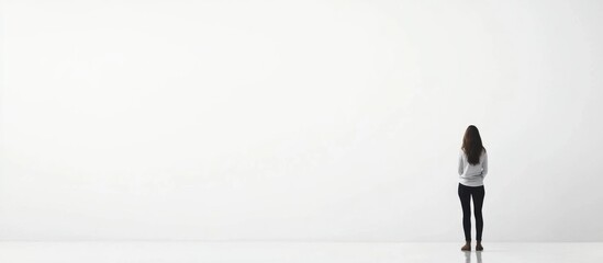Poster - Adult woman standing against a minimalistic white background with large empty space for text and creative designs in a modern setting.