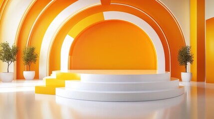 Wall Mural - Circular stage with orange and white arch backdrop, potted plants.