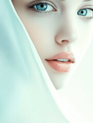 Poster - elegant young woman with flawless skin and striking blue eyes surrounded by soft white fabric creati