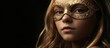 © 2rogan - Blond teenage girl wearing a golden masquerade mask against a dark background with ample empty space for text and creative design elements.