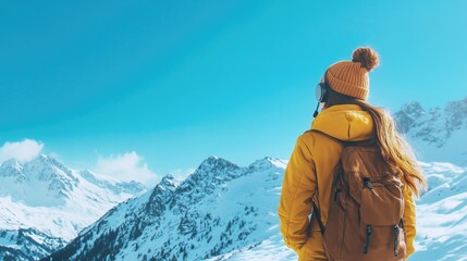 Wall Mural - Portrait of young woman with long hair in yellow jacket and brown backpack standing in snowy mountains under blue sky, winter adventure and exploration concept