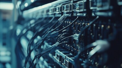 Poster - Data storage executives collaborating in a server hub with blue lighting and multiple cables connecting components to enhance uptime and performance