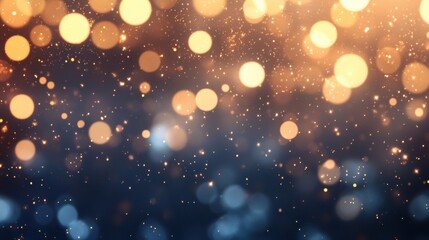 Poster - The shimmering golden bokeh sparkles on a dark blue background, evoking a sense of warmth and elegance in the atmosphere