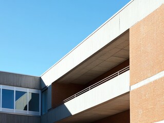 Wall Mural - Modern school architecture with minimalist design featuring brick and concrete walls under a clear blue sky emphasizing empty copyspace for text.