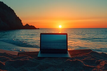 Poster - Laptop on a wooden table on a beach at sunset. Concept of work on vacation, digital nomad, remote work, nomadic life, freelancer. Copy space., Hd image