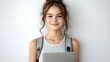 © Siasart - Young Woman Holds Laptop and Smiles Confidently Against a White Background in a Photo Shoot.