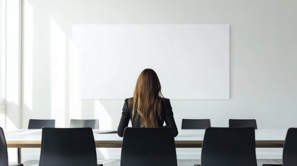 Poster - Professional Woman Working on Laptop at Modern Meeting Table in Bright Office Space with Large Empty Wall for Custom Text Space