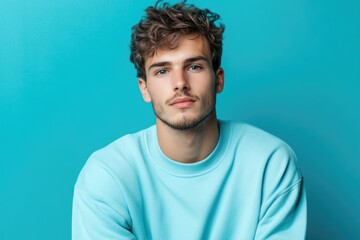 Poster - young man in a turquoise sweater with tousled hair posing calmly against a vibrant blue background c