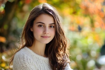 Wall Mural - Young woman with long brown hair in cozy sweater enjoying vibrant autumn colors in park during September October with bokeh background and empty space