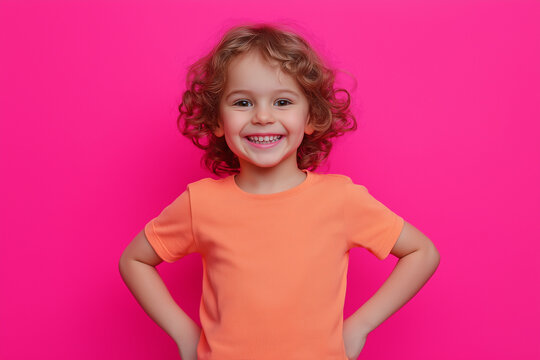 A young girl with curly hair is wearing a colorful striped shirt and smiling
