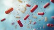 © Black Inspire - Abstract image of red capsules and particles floating in a blue background, symbolizing medication, health, and pharmaceuticals.