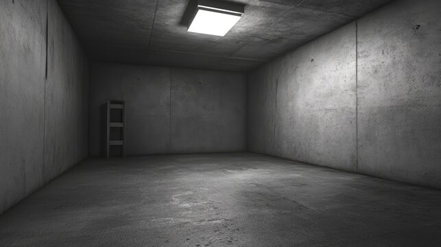 Minimalist concrete room: 3D-rendered, empty, and dark.