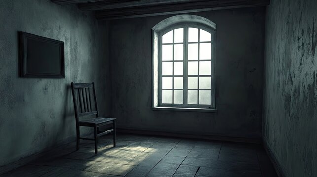 Minimalist concrete room: 3D-rendered, empty, and dark.