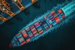 © Attasit - A cargo ship at full capacity, setting sail from a port surrounded by bustling cranes and containers.'