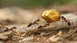 © mangolovemom - Ants work together to transport a shiny golden object across a textured surface, showcasing teamwork and determination in nature.