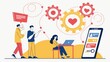 © mangolovemom - A colorful illustration depicting people interacting with technology, featuring gears and hearts, symbolizing connectivity and digital communication.