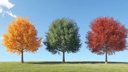 Poster - Seasonal change: oak trees representing winter, spring, summer, and autumn, showcasing unique foliage colors.