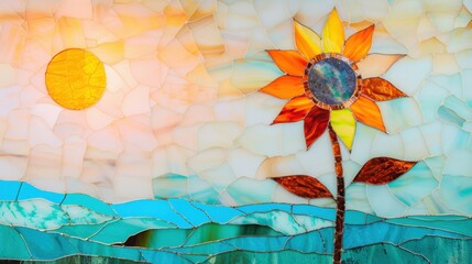Poster - Stained glass creation features a large sunflower, bright sun, and soft blue waves under a colorful sky during the day