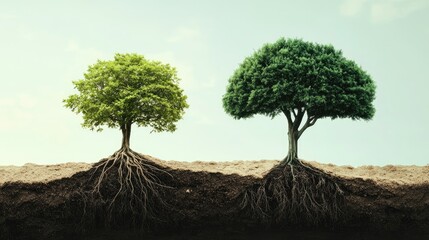 Canvas Print - Side-by-side comparison: small tree and large tree rooted in split soil, dramatic representation of growth.