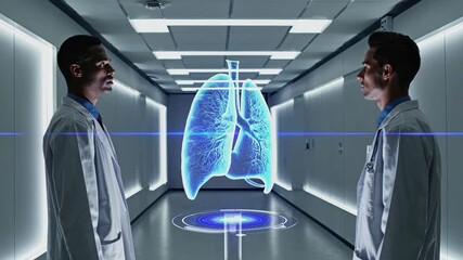 Poster - Two medical professionals discuss lung health in a futuristic medical facility