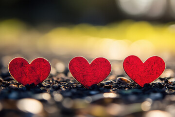 Wall Mural - three red little hearts on the ground, on the pavement, minimalism, valentine's day