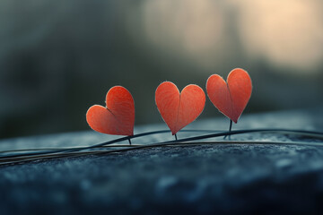 Wall Mural - three red little hearts growing on a vine crawling on the ground, on asphalt, on stone, minimalism, valentine's day
