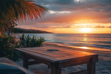 Poster - Laptop on a wooden table on a beach at sunset. Concept of work on vacation, digital nomad, remote work, nomadic life, freelancer. Copy space., Hd image