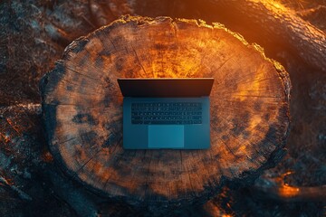 Poster - Laptop on a wooden table on a beach at sunset. Concept of work on vacation, digital nomad, remote work, nomadic life, freelancer. Copy space., Hd image