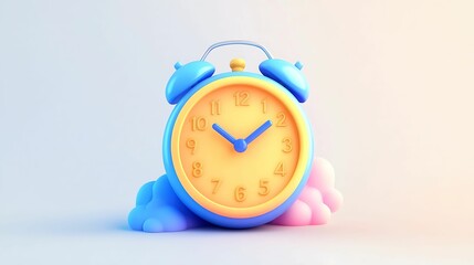 A colorful, cartoonish alarm clock with a blue top and pink base, featuring a bright yellow face and whimsical design.