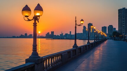 Sticker - Tranquil sunrise frames the urban skyline with warm hues, while the promenade's street lamps create a picturesque foreground