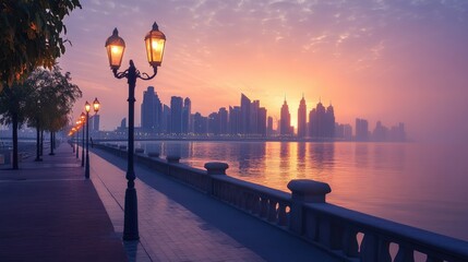 Sticker - Tranquil sunrise frames the urban skyline with warm hues, while the promenade's street lamps create a picturesque foreground