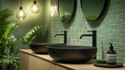 Wall Mural - Green tiled bathroom with wooden vanity and round mirrors