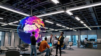 Poster - Collaboration in modern office space featuring interactive globe and diverse team dynamics