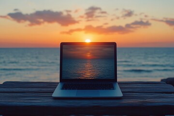 Poster - Laptop on a wooden table on a beach at sunset. Concept of work on vacation, digital nomad, remote work, nomadic life, freelancer. Copy space., Hd image