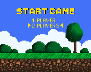 Poster - Background for pixel game. Game start. 8-bit Pixel interface. Character selection. Achievements in arcade games. Vector illustration