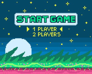 Poster - Background for pixel game. Game start. 8-bit Pixel interface. Character selection. Achievements in arcade games. Vector illustration