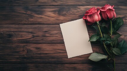 Poster - Elegant roses and blank card on rustic wooden table