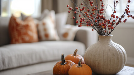 Wall Mural - Cozy living room with autumn decor and pumpkins on table