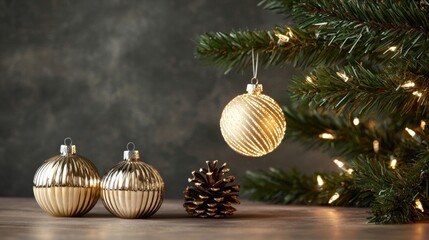 Wall Mural - elegant christmas decorations with gold ornaments and pinecone
