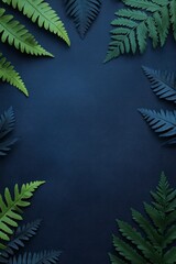 Wall Mural - Green fern leaves bordering dark blue background creating copy space