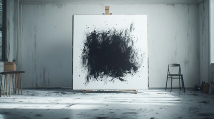 Poster - Modern abstract artwork displayed on a large canvas in a minimalistic studio setting with natural light. Generative AI