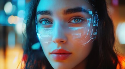 Poster - Futuristic Portrait of a Woman with Digital Interface Display