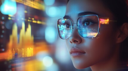 Poster - Young Woman with Glasses Analyzing Data and Statistics on Screen